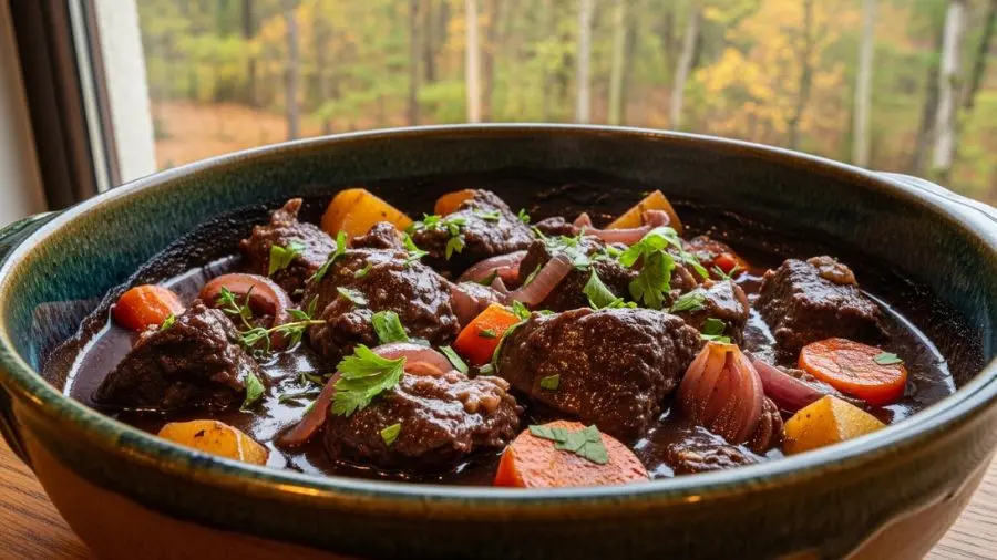 civet de chevreuil clássico servido em restaurante próximo à floresta de Fontainebleau.