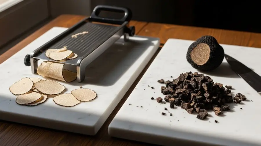 comparação entre trufa branca fatiada e trufa negra em brunoise sobre mármore branco.