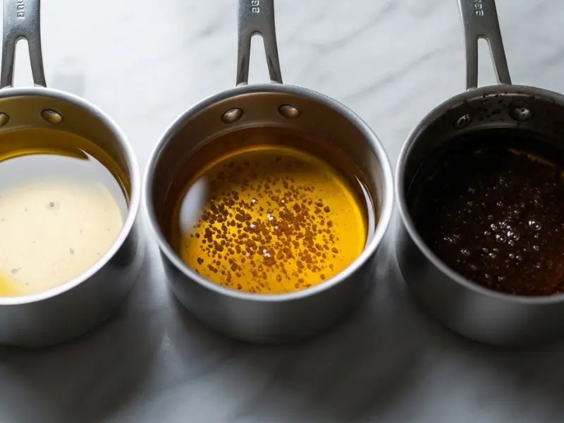 comparação manteiga clarificada noisette e negra nos três estágios de preparo clássico