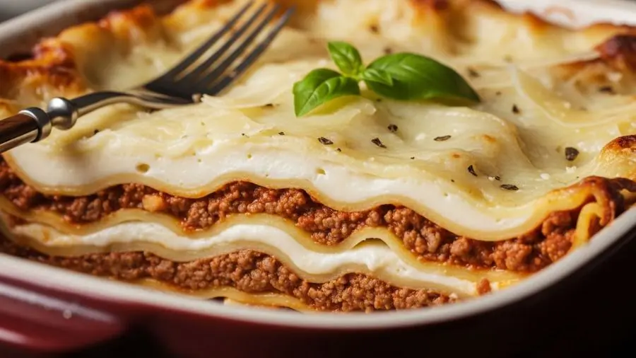 "corte transversal de lasanha clássica bolonhesa mostrando camadas de béchamel entre massas"