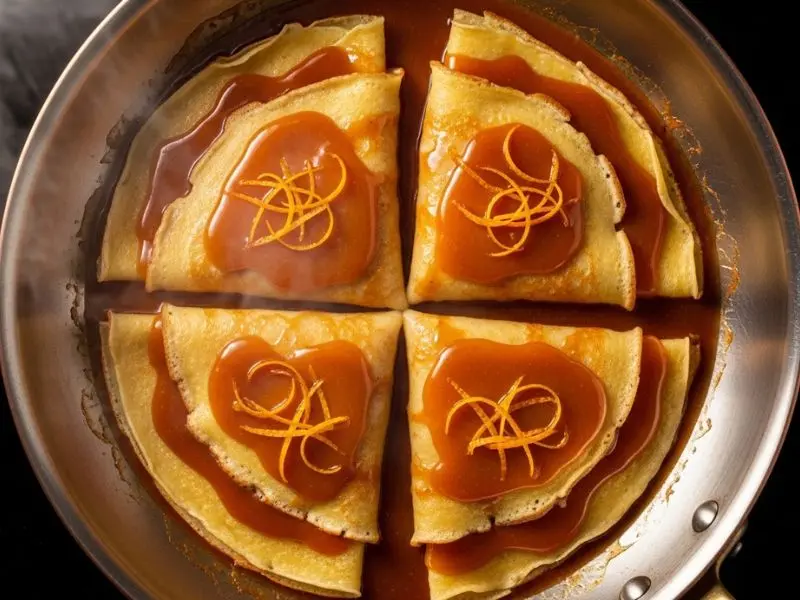 crêpes suzette dobrados em quartos no molho de laranja caramelizado antes do flambar 
