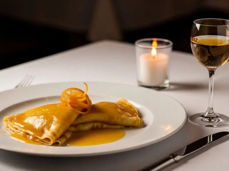 crêpes suzette emplatados com molho de laranja harmonizados com Sauternes dourado