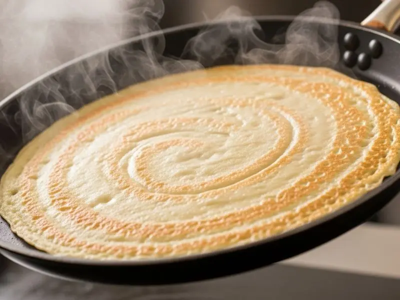 crêpes suzette massa sendo espalhada em frigideira antiaderente com movimento circular 