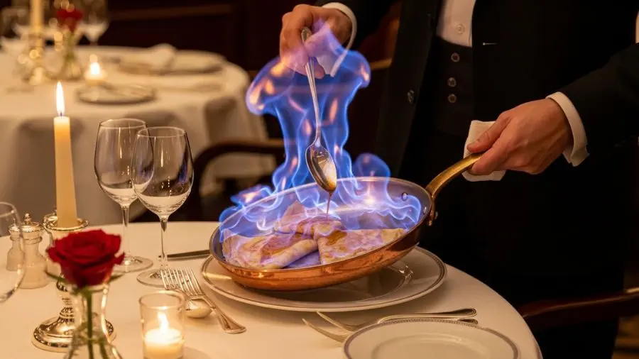 "A chama sobe azul. A mesa recua. Ninguém esquece crêpes suzette preparado assim."