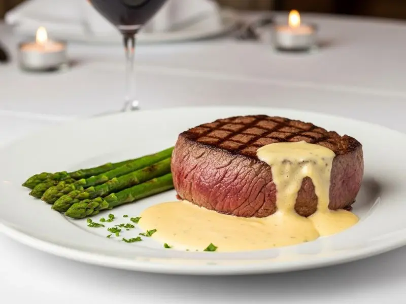 entrecôte com molho béarnaise e aspargos harmonizado com Bordeaux Merlot jantar clássico