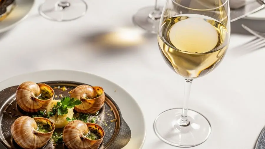 escargots receita borbulhando harmonizado com taça de Chablis borgonhês 
