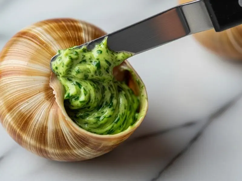 escargots receita montagem com manteiga de ervas sendo colocada na concha 