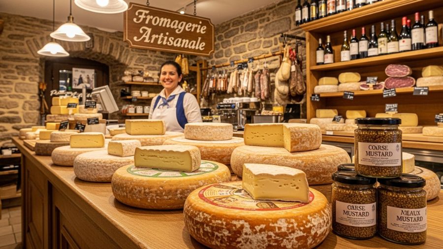 fromagerie em Meaux com Brie de Meaux e mostarda de grãos à venda.