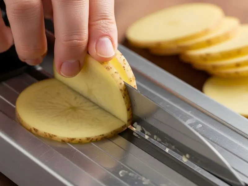 gratin dauphinois batata fatiada na mandoline em espessura uniforme sem lavar 