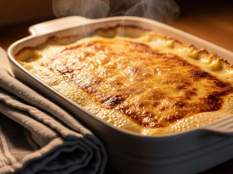 gratin dauphinois saindo do forno com crosta dourada e creme borbulhando nas bordas 