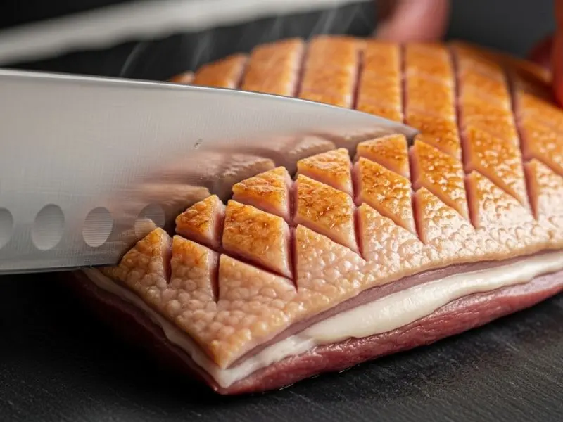 magret de canard com corte quadrillage na pele expondo a camada de gordura