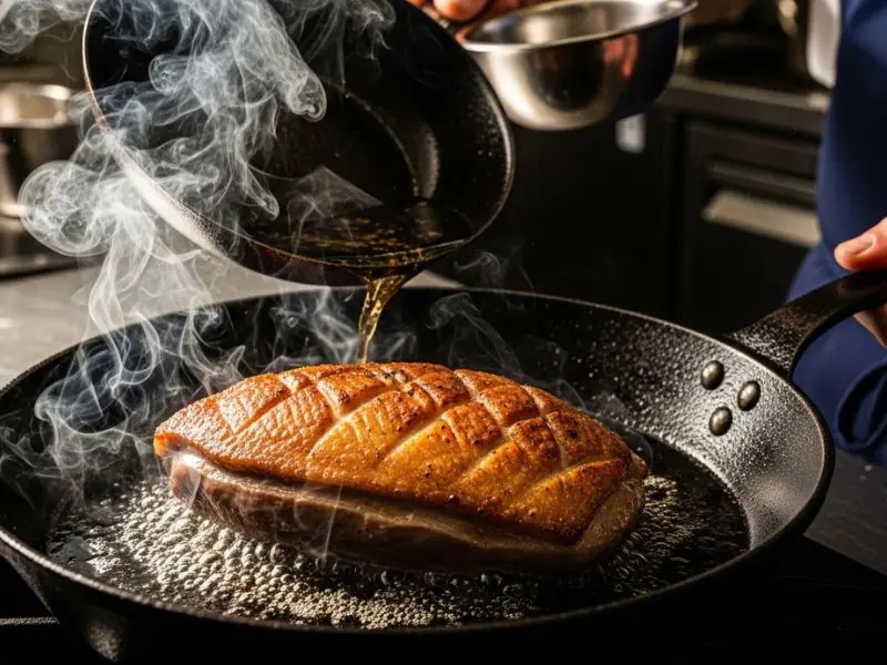 magret de canard cozinhando com pele para baixo em frigideira de ferro fundido