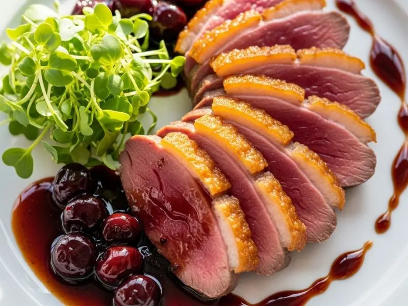 magret de canard fatiado com molho de cerejas e porto em apresentação fine dining 