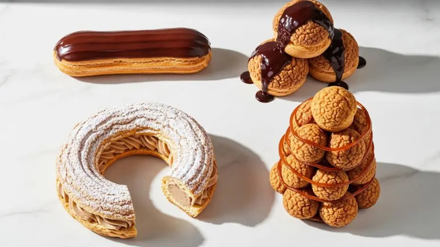 massa choux, aplicações clássicas — éclair, profiterole, Paris-Brest e croquembouche