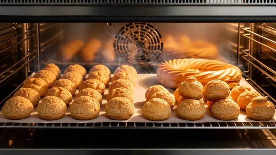 massa choux no forno — éclairs, profiteroles e Paris-Brest assando, crescimento correto