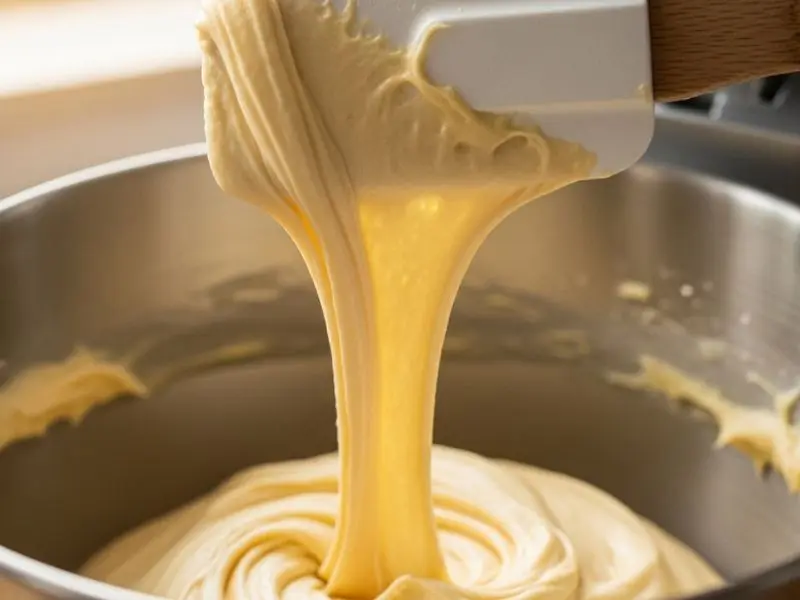 massa choux ponto correto — massa em fita em V na espátula antes de modelar.