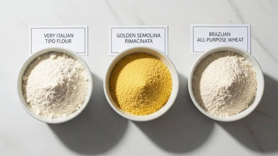 Três farinhas, três resultados diferentes. A escolha começa aqui — antes de qualquer ovo.