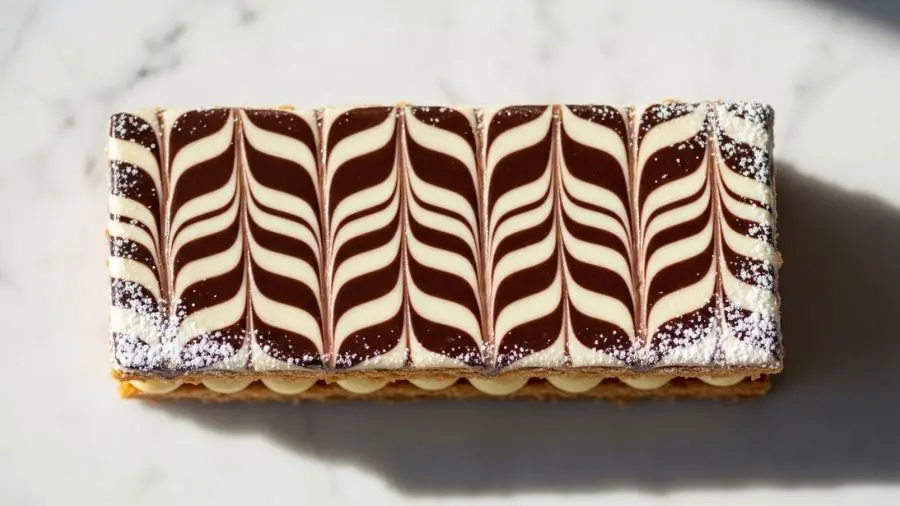 mil-folhas receita cobertura — padrão marmorizado com fondant branco e chocolate estilo parisiense. 