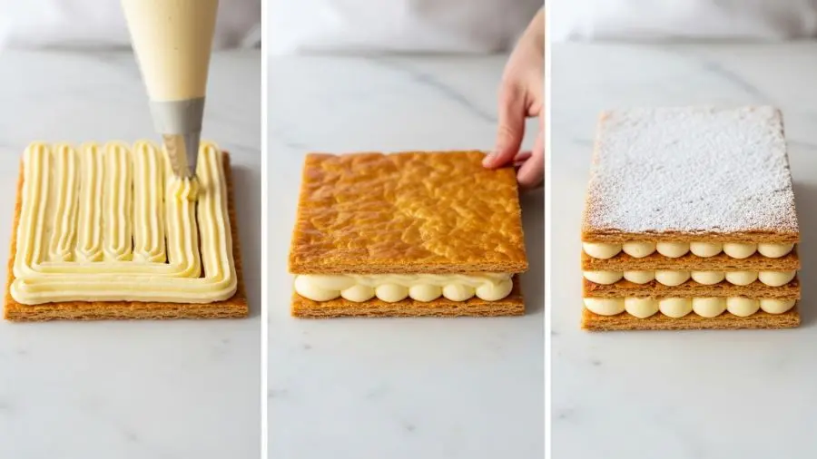 mil-folhas receita montagem — aplicação do crème pâtissière com saco de confeitar entre camadas. 