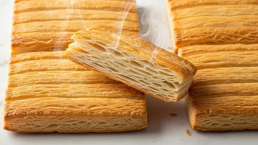 Camadas visíveis, cor uniforme, base seca. Se a massa dobrar ao pressionar, voltou ao forno.