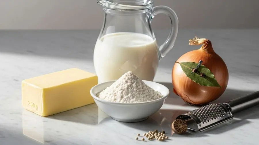 "mise en place completo para molho béchamel clássico com manteiga, farinha, leite e especiarias"