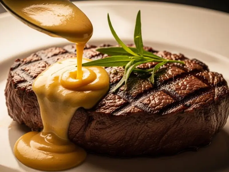 molho béarnaise dourado sendo servido sobre entrecôte grelhado em emplatamento clássico