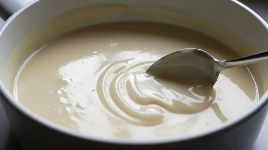 "molho béchamel liso e brilhante em panela branca mostrando textura sedosa"