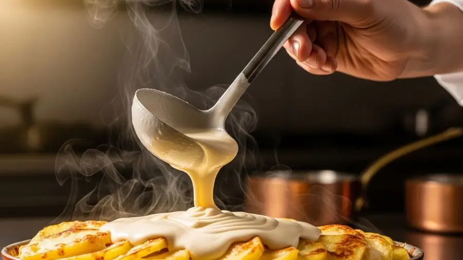 "O béchamel em movimento tem uma sedosidade que só aparece quando a técnica está certa." -->