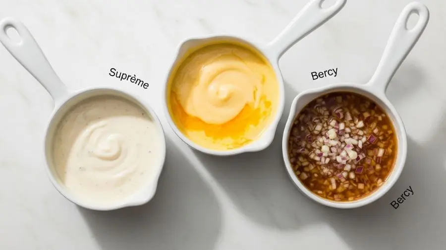 molho velouté derivados — Suprême Allemande e Bercy em três versões do molho clássico 