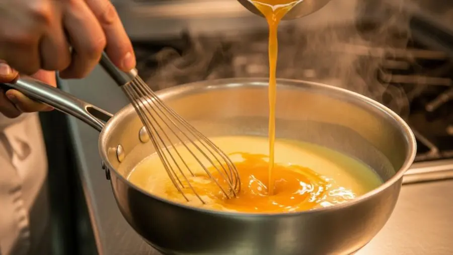  molho velouté técnica — fundo claro sendo incorporado ao roux com fouet para evitar grumos 