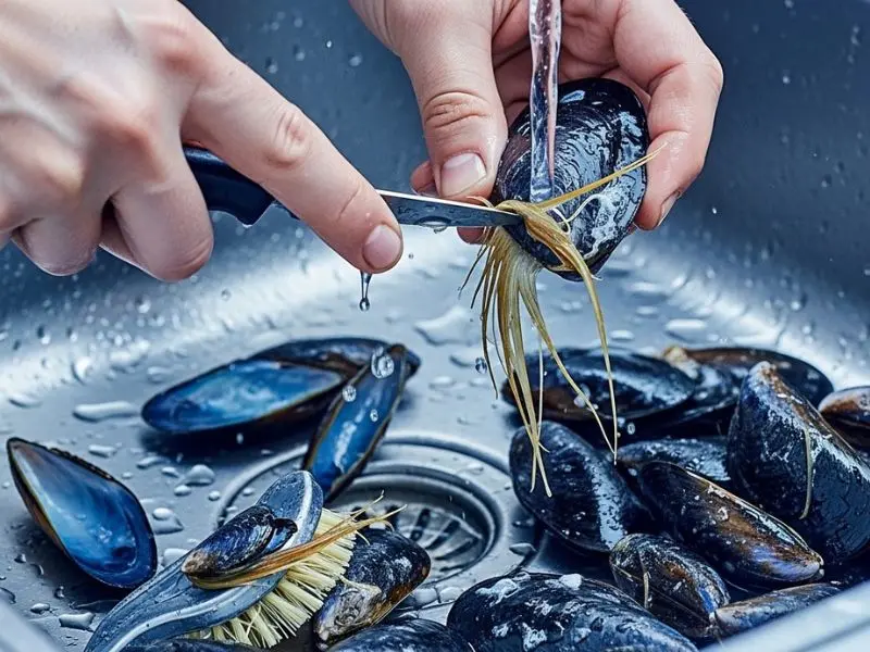 moules marinières preparação limpando mexilhões frescos e retirando o byssus 