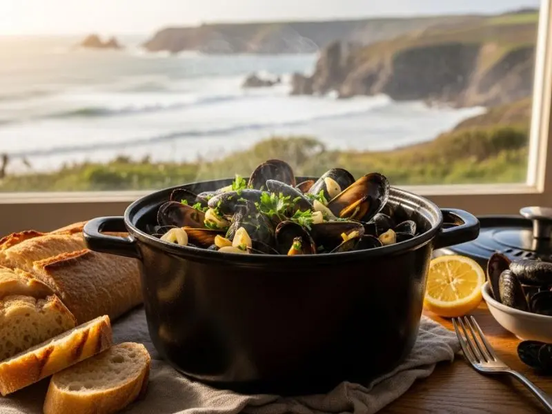 moules marinières servido na panela com pão francês crocante à beira-mar na Bretanha