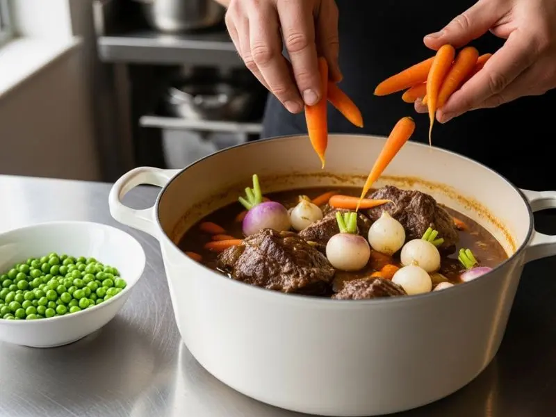 navarin d'agneau legumes de primavera sendo adicionados em etapas à caçarola. 