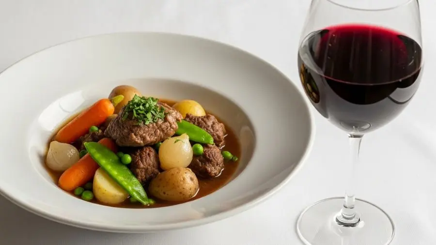 navarin d'agneau porção com legumes de primavera harmonizado com Saint-Émilion bordeaux. 