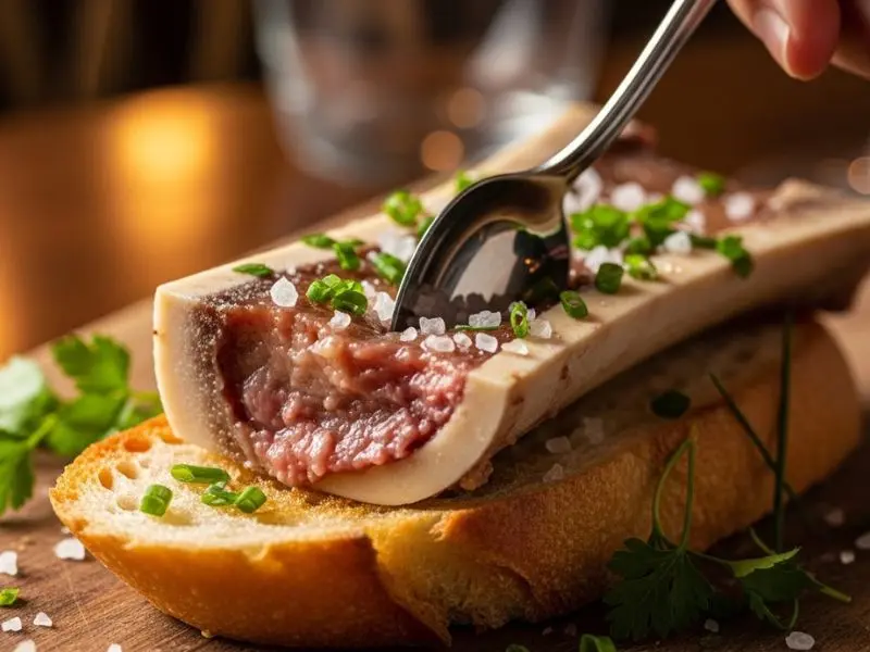 pot-au-feu osso com tutano sendo servido com torrada e sal grosso 