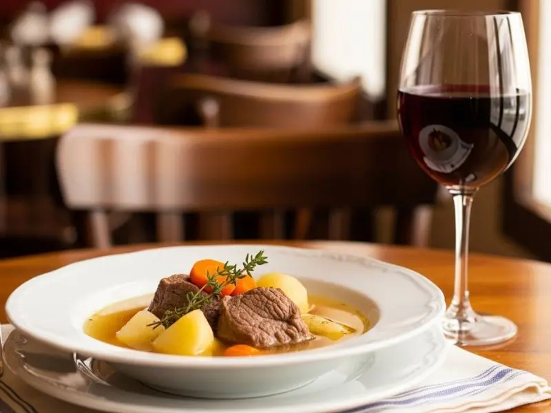pot-au-feu receita caldo dourado harmonizado com Beaujolais em brasserie clássica