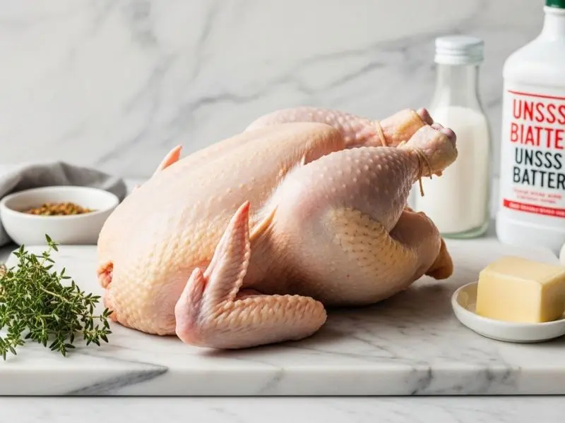 poulet rôti receita frango caipira em temperatura ambiente com manteiga e ervas para preparo