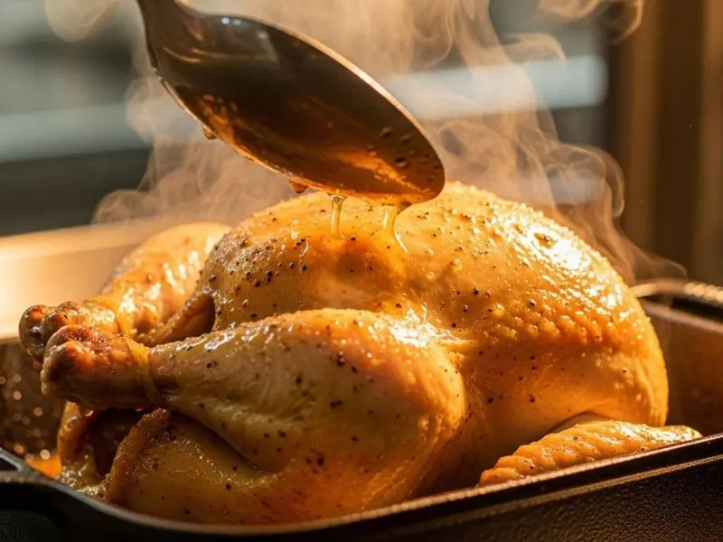  poulet rôti receita sendo regado com jus durante o assado para pele dourada e crocante 
