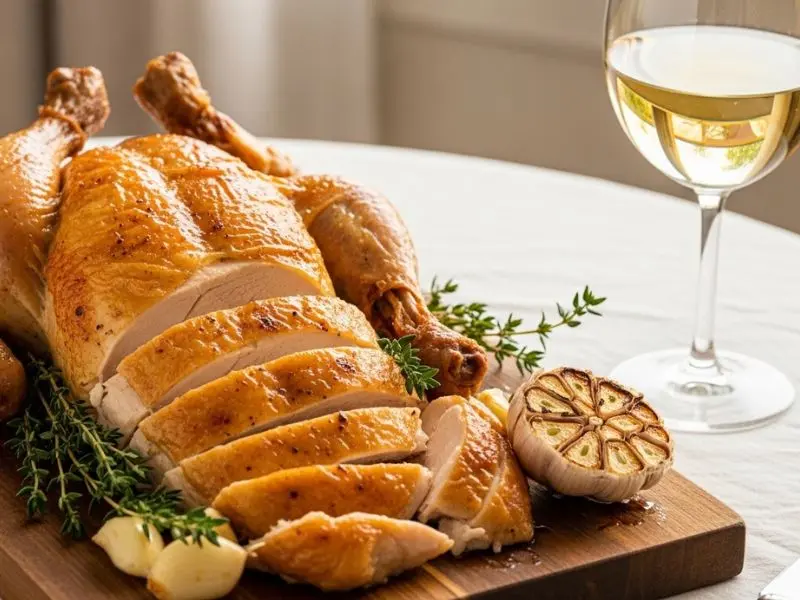  poulet rôti receita trinchado com jus e harmonizado com Bourgogne Blanc em almoço de domingo 