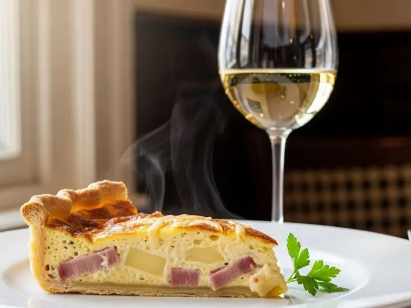 quiche lorraine receita fatia com Pinot Blanc de Alsácia em bistrô francês clássico 