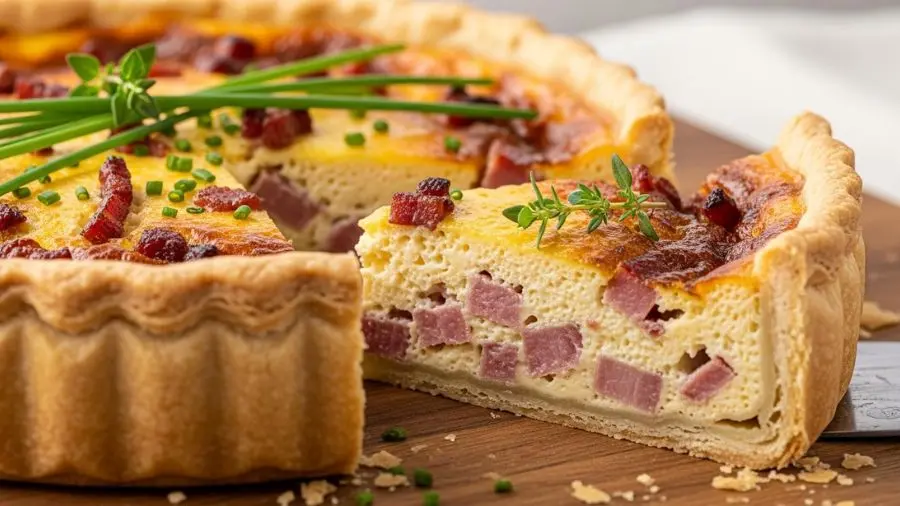 quiche lorraine receita fatiada revelando interior cremoso com bacon e massa crocante