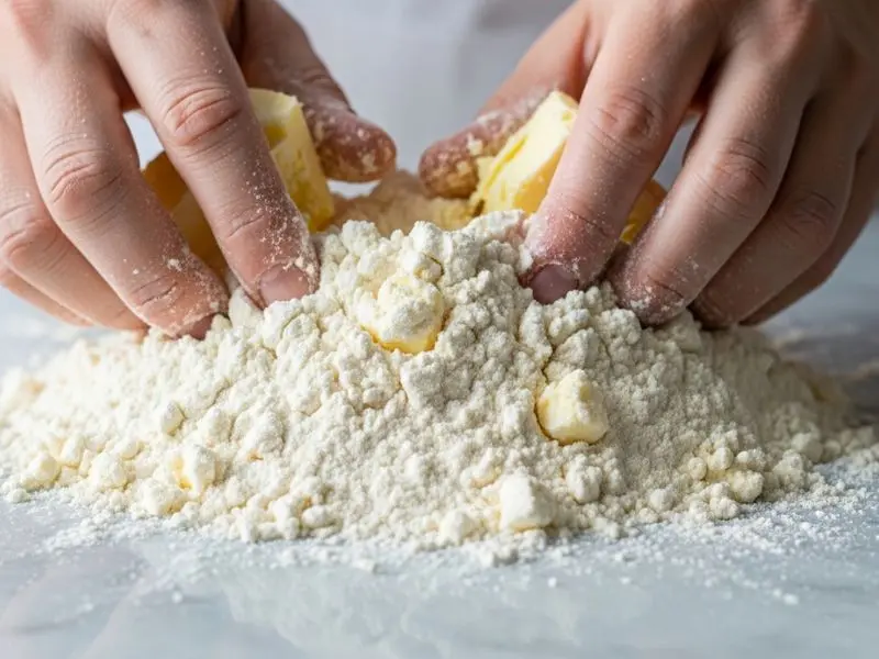 quiche lorraine receita massa brisée sendo preparada com manteiga gelada em sablage
