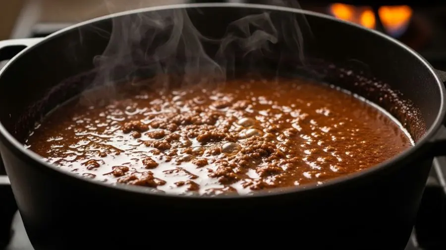 ragù bolonhesa em cocção longa em panela de ferro fundido.