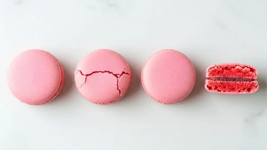 receita de macaron erros comuns — rachaduras sem pé oco e macaron perfeito para comparação 