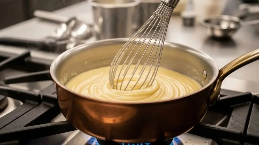 "roux blanc sendo batido com fouet em panela de cobre em cozinha francesa"