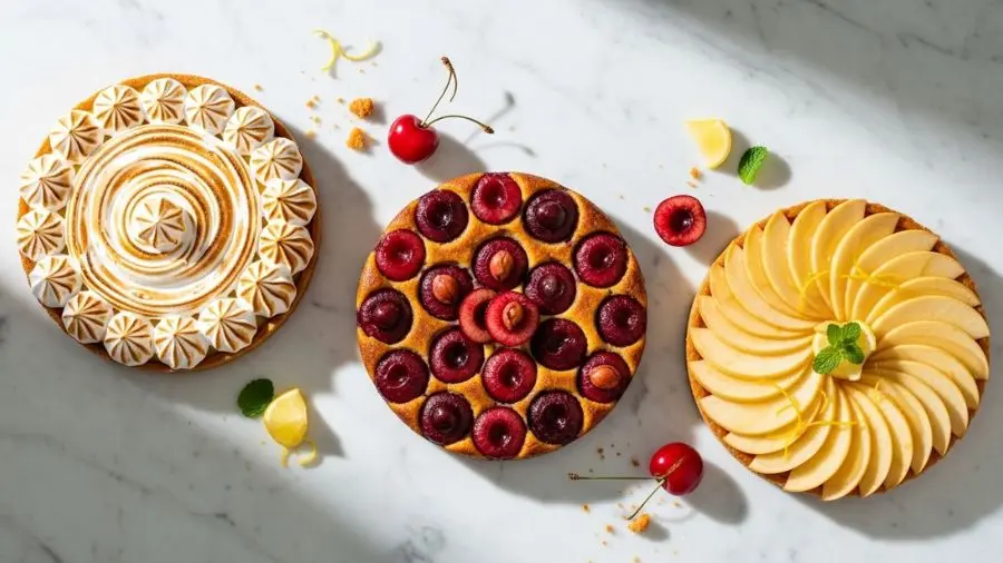 sobremesas francesas clássicas de frutas — tarte au citron clafoutis e tarte aux pommes