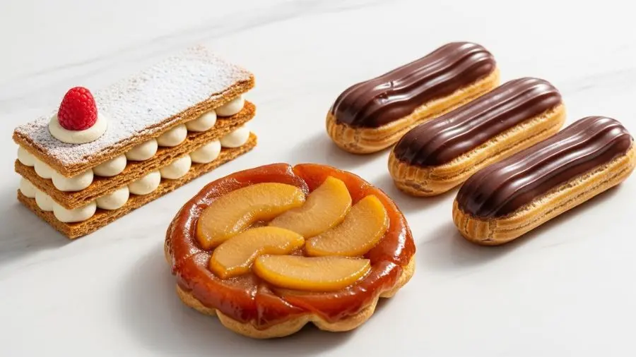 sobremesas francesas clássicas de massa — mil-folhas tarte tatin e éclair