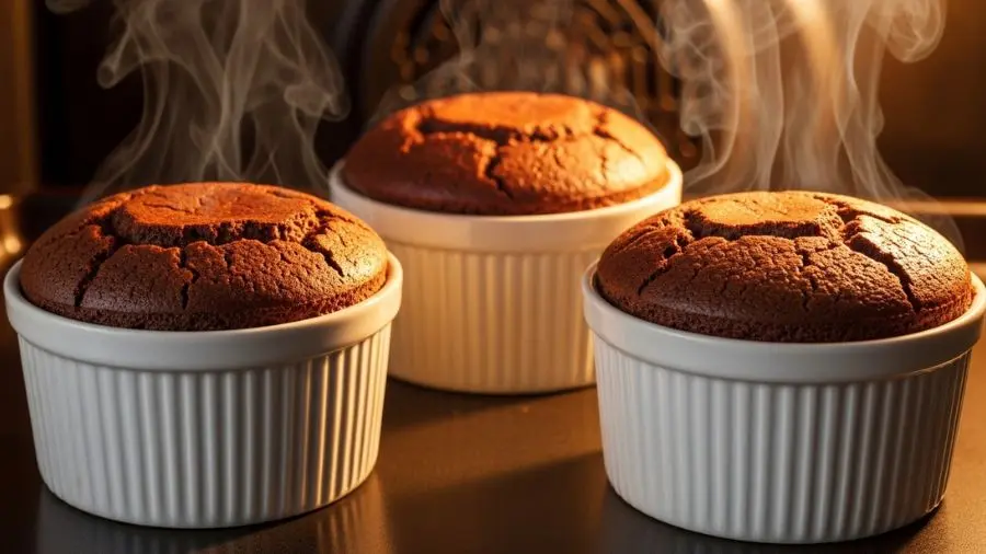  soufflé de chocolate no forno — três ramequins com crescimento uniforme acima da borda durante assamento