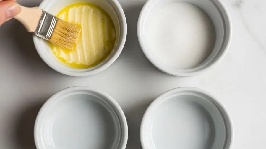 soufflé de chocolate ramequin — preparação com manteiga em pinceladas verticais e açúcar fino 