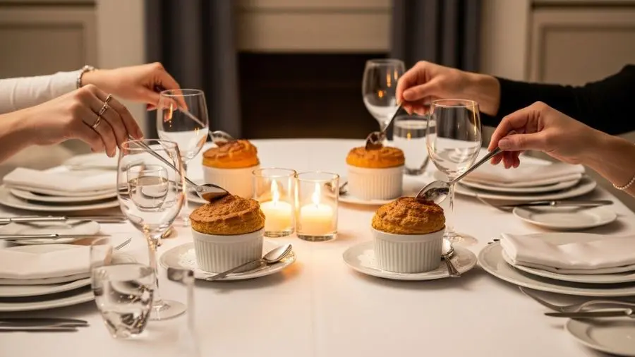 soufflé de chocolate servido em jantar — ramequins individuais na mesa com iluminação de vela 